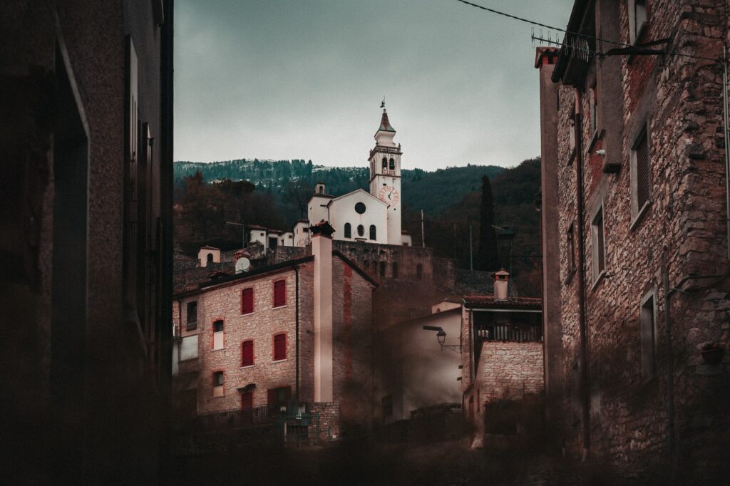 Scenic view of a medieval clock tower in Revine Lago in the Province of Treviso, Italy